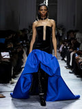 Bonnyshow Eye Catching Dark Naby Blue And Royal Blue AsymmetricalLong Evening Dresses Pleated Draped Straplee Formal Party Gowns