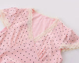 Bonnyshow  Pink Dot Print Elegant Long Dresses Women Lace Trim V Neck Short Sleeve A-line Summer Dress Party Maxi Robe