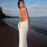 Bonnyshow White Knitted Beach Dress Women Sexy See Through Backless Maxi Dresses Summer Fashion Hollow Out Bikini Cover Up Dress 2024