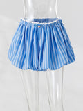 Bonnyshow  Blue Striped Casual Shorts Women Summer Flower Elastic Mid Waist Short Pants Streetwear Fashion Simple Mini Shorts 2025 New