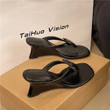 Bonnyshow  Wedge Red Love High Heels Clip Flip-flops Women's Shoes Outer Wear 2025 Summer Elegant Sandals