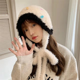 Bonnyshow Winter Plush Knitted Hat for Women Korean Colorful Button Beanie Cap Outdoor Thicken Warm Coral Fleece Ear Protection Hats