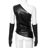 Bonnyshow Women Y2K PU Leather Asymmetrical T-shirts with Sleeves Gloves Fashion Sexy One Shoulder Sleeveless Slim Tops Clubwear Tees