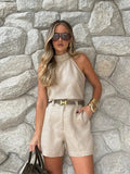 Bonnyshow  Women Solid Sleeveless Turtleneck Belted Shorts Set Halter Crop Tops Straight Leg Trunk Summer Elegant Suit New Office Lady Sets