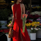 Bonnyshow  Women Red Sleeveless O-neck Fold Backless Dresses Sexy Vacation Ladies Show Waist Mid-calf Evening Dress 2025 Summer Fashion New