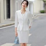  Bonnyshow  Women Formal 2 Pieces Set  New Fashion Lantern Sleeve Jacket + White Dress Suit Office Ladies Business Blazers Skirt Set