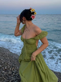 Bonnyshow  Olive Green Off Shoulder Puff Sleeve Maxi Dress Women Ruched Elastic Waist 2025 New Summer Beach Vacation Date Lady Vestidos