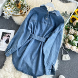 Bonnyshow Women's Denim Shirt Dress Straps Waist Thin Single-breasted Pockets Jacket Cowboy Blouses Belted Cardigan A-Line Dress Vestido