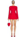 Bonnyshow Bows Long Sleeve Sexy Red Mini Dress For Women Solid Long Sleeve Bodycon A-Line Dress Elegant Autumn Winter Partywear