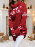 Bonnyshow  Women s Festive Holiday Snowflake Print Turtleneck Sweater with Long Sleeves and Medium Length Pullover Knitwear