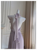 Bonnyshow  Womens Elegant Purple Halter Neck Maxi Dress Ruffled Neckline Ruched Waist Floral Detail Formal Evening Party