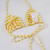 Bonnyshow  Striped Patchwork Skinny Sweet Bikinis Set Summer Fashion Beach Style Chic Women Piece 3 Set