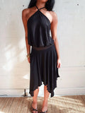 Bonnyshow  Fashion Hanging Collar Sleeveless Skirt Two-piece Set Women Sexy Backless Slim Two-piece Set Spring Summer New Holiday