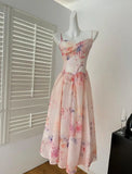 Bonnyshow  Summer French Blue Pink Flower Slim Backless Slip Long Dress Women Vintage Elegant Sexy Sleeveless High Waist Party Dress Ladies