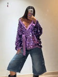 Bonnyshow  Retro Large Sequins Lace Up Shirt Women Fashion Glitter Loose Solid V-neck Open Shirts Coat Female 2025 Chic Street Outwear
