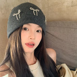 Bonnyshow Korean Bow Beanie Cap for Women Y2K Winter Warm Knitted Wool Hat Solid Color Female Ear Protection Hats Bonnet