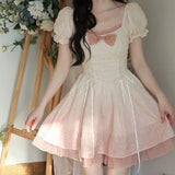 Bonnyshow  Bubble Sleeve Kawaii Lolita Mini Dress Women Pink Bow Princess Sweet Party Cute Dress A-Line Elegant Fairy Dress Spring New