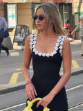 Bonnyshow  U Neck Flower Splicing Sling Mini Dress Women Black Sleeveless Backless Bodycon Dresses Summer New Lady Vocation Streetwear