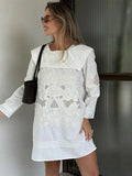 Bonnyshow  Women Solid Embroidery Hollow Out Fold Dresses Casual Vacation Ladies Full Sleeveless Above Knee Dress 2025 Summer Fashion Robe