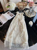 Bonnyshow  French style heavy industry flower brooch hanging neck chiffon dress women's summer diamond studded fairy dress for women