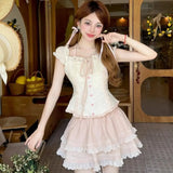 Bonnyshow  Summer Sweet Girls Two Piece Skirt Sets Lace Splicing Puff Sleeve Slim Shirt Tops + High Waist A Line Mini Skirt Outfits