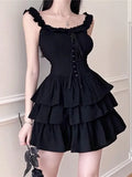 Bonnyshow   Gothic Lolita Kawaii Slip Dress Soft Girl Goth Harajuku Off Shoulder Backless Sexy Black Ruffles Party Dresses Y2k