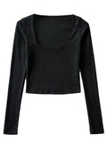 Bonnyshow Women Cotton Ribbed Square Neck Crop Top With Long Sleeve