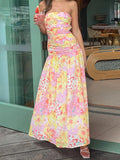 Bonnyshow  Women s Floral Print Maxi Dress Sleeveless V-Neck Empire Waist Summer Dress with Ruffle Hem and Adjustable Straps
