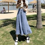 Bonnyshow  Casual Soft Solid Women's Female Versatile Long Pleated A-line Half-body Denim Skirt Dress Maxi Slim Grace