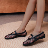 Bonnyshow  Net Flat Fashion Sandals New Summer Round Head Breathable Non-slip Line Button Mary Jane Fishnet Shoes Ladies Shoes