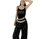 Bonnyshow  Letter Printed Lace Camisole Women'S Corset Cute Crop Tops Gothic Bow Self-Cultivation And Internal Construction Tank Top