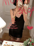 Bonnyshow  Spring and Summer 2025 Retro Sexy Tassel Suspender Halter Dress Skirt Party Style Women's Short Dress