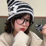 Bonnyshow Y2K Cute Star Devil Knitted Beanies for Women Korean Ins Striped Knitted Skullies Hat Autumn Winter Warm Wool Pullover Cap