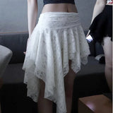 Bonnyshow  Patchwork High Waist See-Through Casual Streetwear Irregular Female Y2k Skirt 2025 White Lace Summer Sexy Skirt For Women