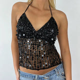 Bonnyshow  Women Sequin Halter Top Sexy Sleeveless Deep V Neck Glitter Tank Top Sparkle Backless Crop Top Summer Streetwear