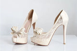 Bonnyshow  Summer Flower Lace Big Bowtie Peep Toe Pumps Stiletto Heels Side Cutout Woman Patent Leather Patchwork slip on weding Shoes
