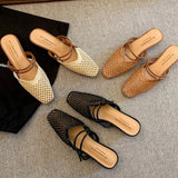 Bonnyshow  Vintage Woven 1 Slip-on Toe Half Slippers Women's New Outwear French Fairy Style Thick Heel Holiday Shoes
