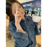 Bonnyshow Polo Collar Solid Color Casual Washed Denim Long-sleeved Shirt Women 2025 Spring New Streetwear Single-breasted Loose Tops