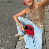 Bonnyshow  Glitter Knitted Women's Tank Top Loose O-neck Hollow Out Casual Vest Tops 2025 Summer Holiday Party Solid Female Waistcoat