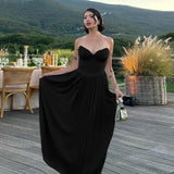 Bonnyshow Elegant V Neck Sleeveless Maxi Dress Sexy Solid Backless Pleated Patchwork Bustier Corset Evening Wedding Guest Long Dresses