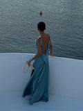 Bonnyshow  Elegant Split Women' s Dresses Solid Square Collar Backless Sleeveless Long Dress Female Summer Fashion Party Evening Vestidos