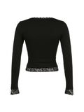 Bonnyshow Lace Trim Square Collar Slim Long Sleeve Tee Black Solid Simple Basic Spring Autumn T Shirt Women Y2K Streetwear Tops