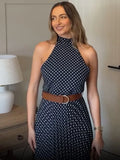 Bonnyshow  Polka Dot Halter Long Dress Women Elegant Sleeveless Backless Lace Up High Wasit Slim Vestido 2025 New Summer Fashion Lady Robes
