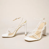 Bonnyshow  Women Sandals Open Toe Narrow Band Buckle Strap Pumps Fashion Summer Buckle Strap Square High Heels Ladies Shoes
