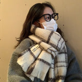 Bonnyshow Women Plaid Scarf for Winter Warm Mohair Thickened Muffler Korean   Tassel Check Shawl Neck Warmer Couple Long Scarf Women Men