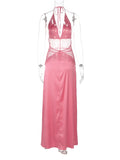 Bonnyshow  Lace Patchwork Vacation Beach Dresses for Women 2025 Summer Sexy Halter Neck Backless Long Maxi Pink Birthday Party Prom Dress