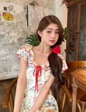 Bonnyshow  Summer Floral Dress Women Dresses Print Flowers Lace-up Female Long Dress Female Clothing