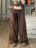 Bonnyshow Vintage Brown Cargo Pants for Women Korean Style Kip Pop Wide Leg Trousers Pockets Oversized Streetwear Female Fashion