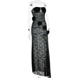 Bonnyshow  Sexy Strapless Transparent Lace Wers Women Maxi Backless Evening Dress Female Autumn New Elegant Party Clubwear