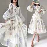 Bonnyshow  High Quality Fashion Vintage Women Spring Autumn Print Wer V Neck Lantern Sleeve Boho Casual Party Holiday Dresses